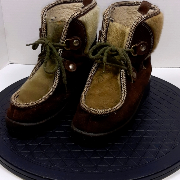 60s 70s Vintage Women's Brown Faux Fur Snow Boots Vintage Size 8 "true to size" - Picture 2 of 15